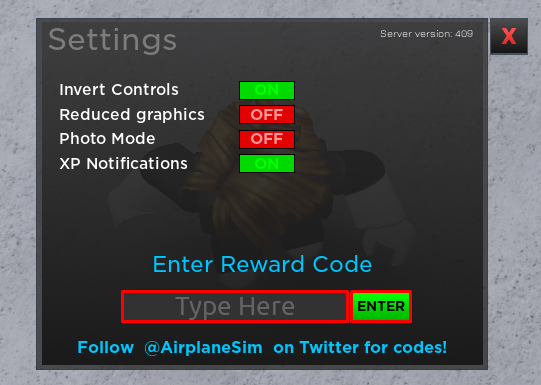 Airplane Simulator enter codes box