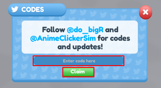 Anime Clicker Simulator enter codes box