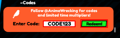 Anime Wrecking Simulator enter codes box