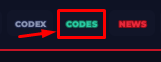 The "CODES" button in Bleach Incremental