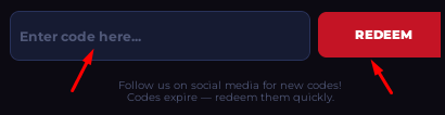 The "Enter code here" box and REDEEM button in Bleach Incremental