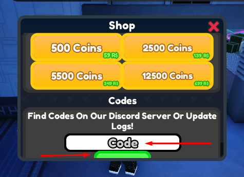The Code box and green button in Blocky Toilet Tower Defense to redeem codes for rewards