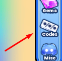 The Codes button in Bubble Gum Tappers