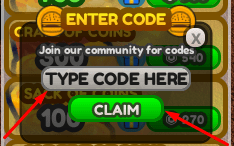 The TYPE CODE HERE box and CLAIM button in Burgerz