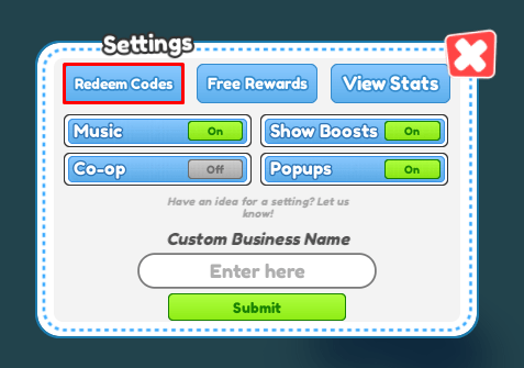 Busy Business redeem codes button
