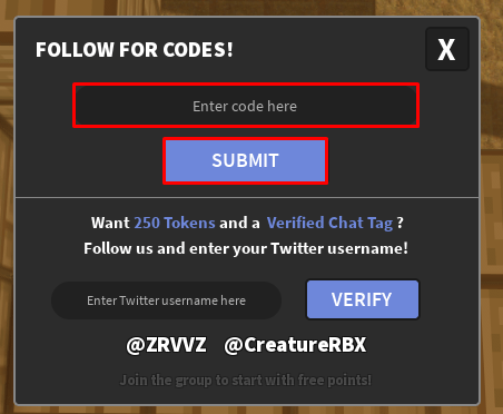 Creature CHAOS enter codes box