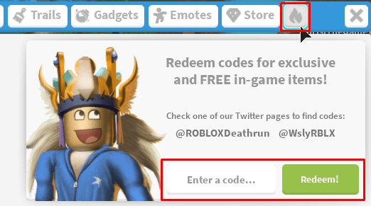 The redeem code tab in Roblox Deathrun