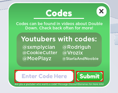 Double Down enter codes box