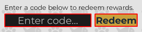 Fish a Pet enter codes box and redeem button