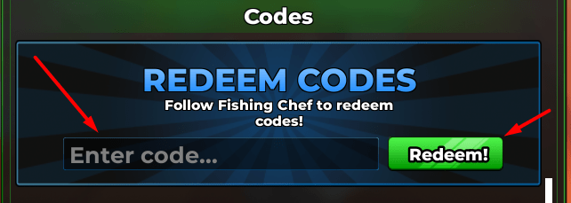 The Enter code... box and Redeem button in Fishing Chef