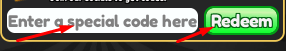 Enter a special code here box and Redeem button to redeem codes in Free UGC Grind (Obby • PvP • AFK)