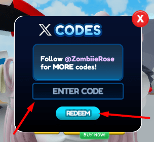 The ENTER CODE box and REDEEM button in Get Huge Simulator
