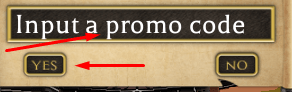 Input a promo code box and Yes button to redeem codes in Lionhearts