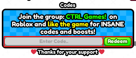 Lucky Block Legends enter codes box