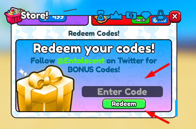 Mega Pyramid Tycoon claim codes box and redeem button