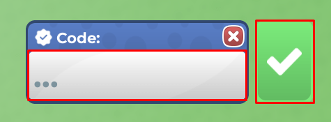 Mini City enter codes box and green tick icon