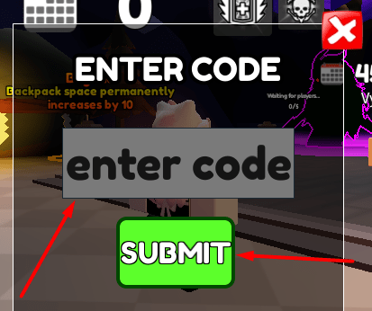 The enter code box and SUBMIT button in Survived 67 Days - Monster Forest