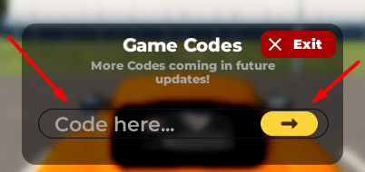 The Code here... box and the yellow arrow icon in Motor Legends: Open World Racing