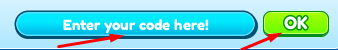 Enter your code here! box and OK button to redeem codes in My Squishy Box Store