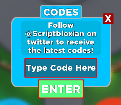 The Type Code Here box and ENTER button in Ninja Legends