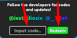 The code redeeming interface in Noob Slayers Simulator
