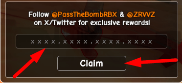 Type Code Here box and Claim button in Pass the Bomb