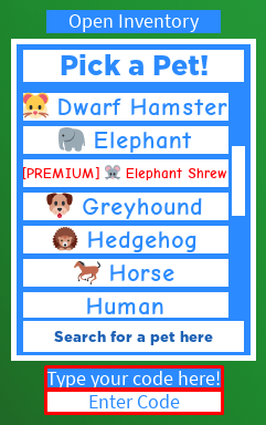 Pets World enter code box
