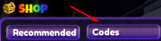 The Codes tab in Rainbow Friends Morphs