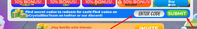 The ENTER CODE box and SUBMIT button in RoVille
