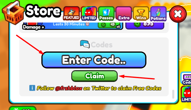 The Enter Code... box and Claim button in Shoot Race Simulator