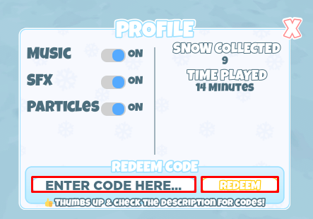 Snowballer Simulator enter codes box