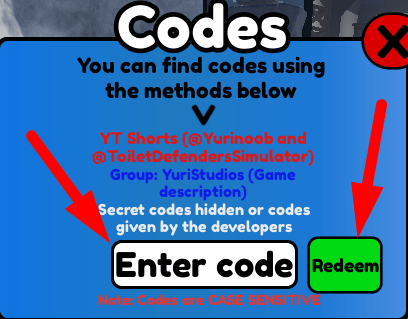 The code redeeming interface in Toilet Defenders Simulator