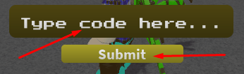 Type code here box and Submit button to redeem codes in Tree Tops Theme Park