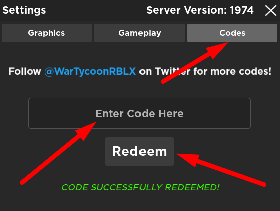 The code redeeming interface in War Tycoon