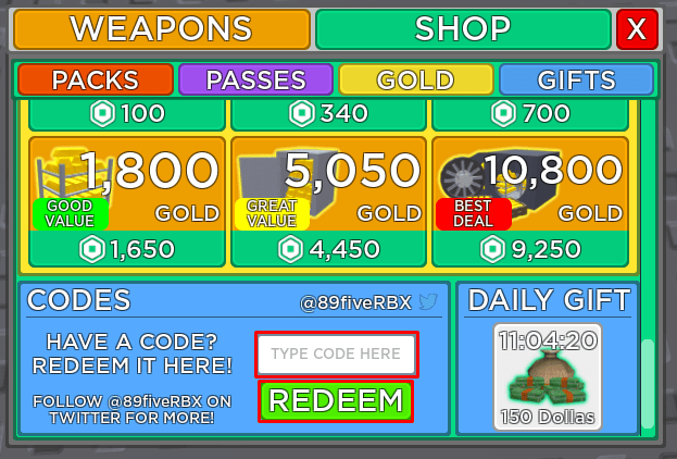 Weapon Kit enter codes box