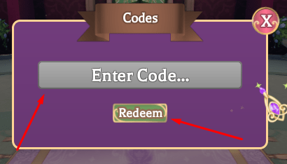 The Enter Code... box and Redeem button in Winx - The Fairy Guardians